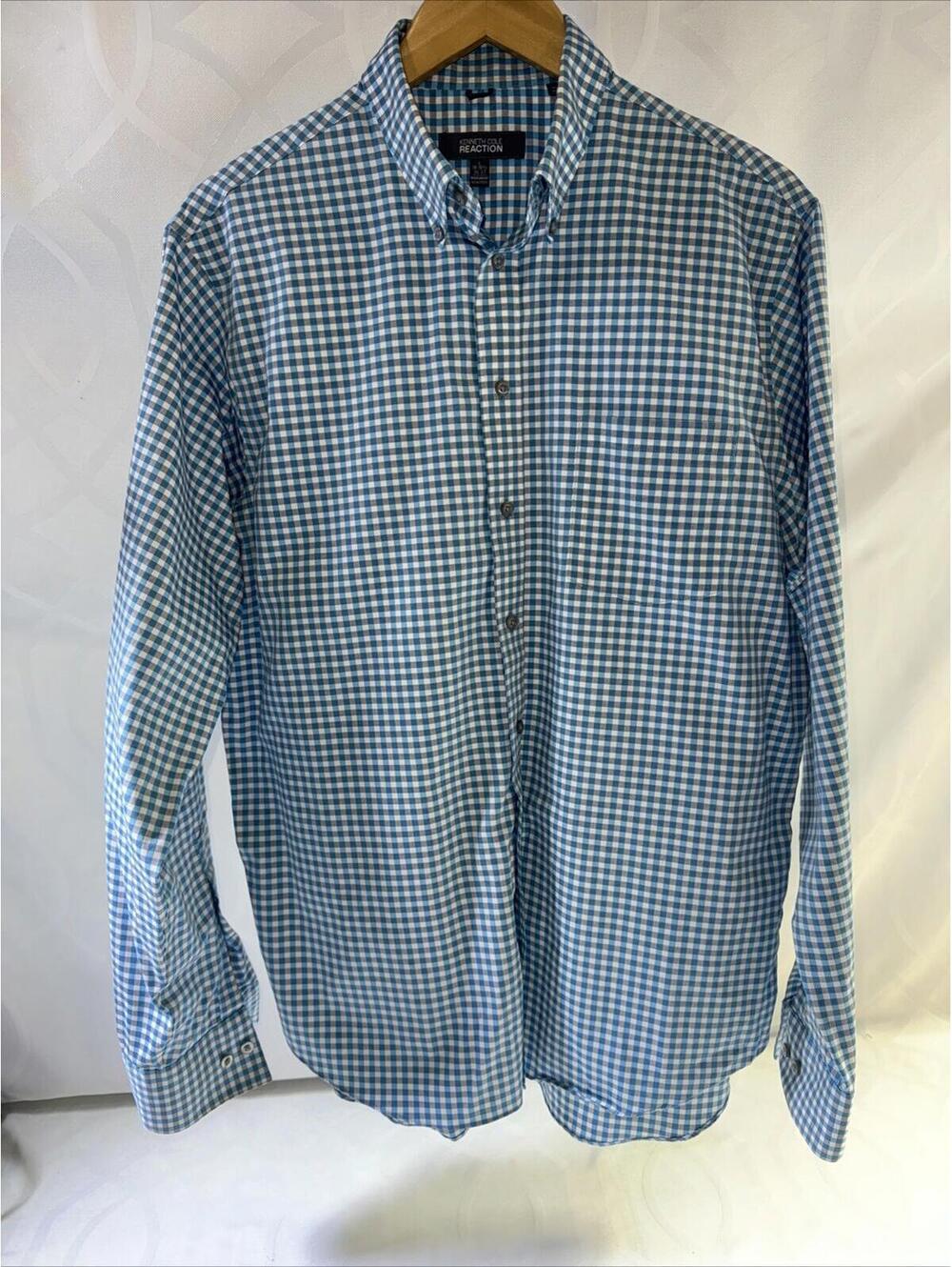 Kenneth Cole Reaction Mens L Button Down Long Slv Shirt Blue/White/Gray Checked